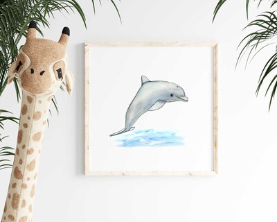 Dolphin Watercolor Art Print Baby Dolphin Swimming Nursery Animals Baby Animals Underwater Ocean Animal Baby Room Decor Dolphin Gift Artwork - image2